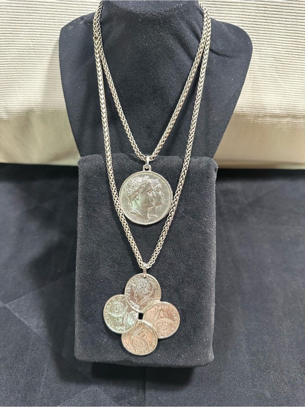 Vtg: 1810 Emperor Napoleon & Balboa 4-Coin Pendant Two Strand Wheat Necklace
